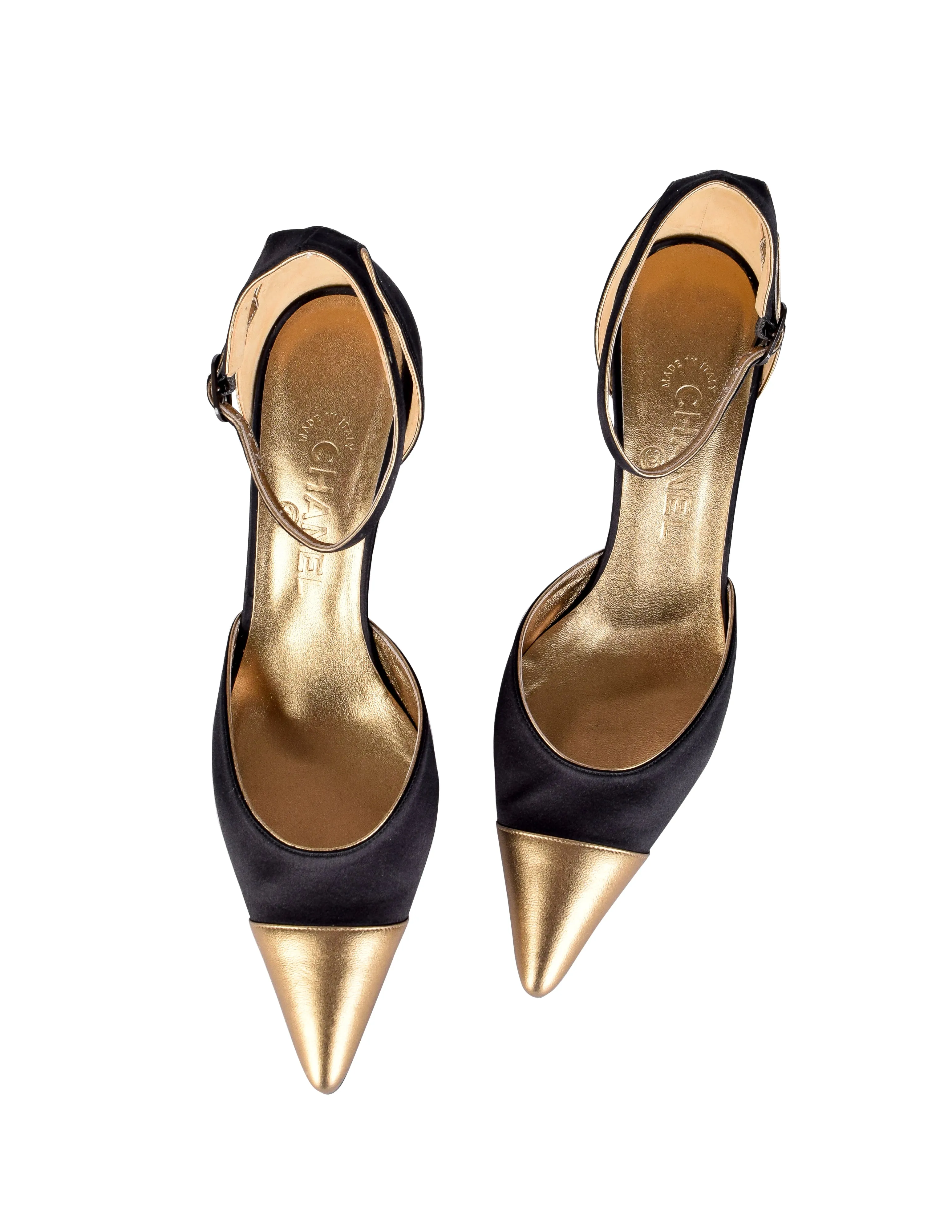 Chanel Vintage Black Satin & Bronze Leather Toe Cap D'Orsay Heels