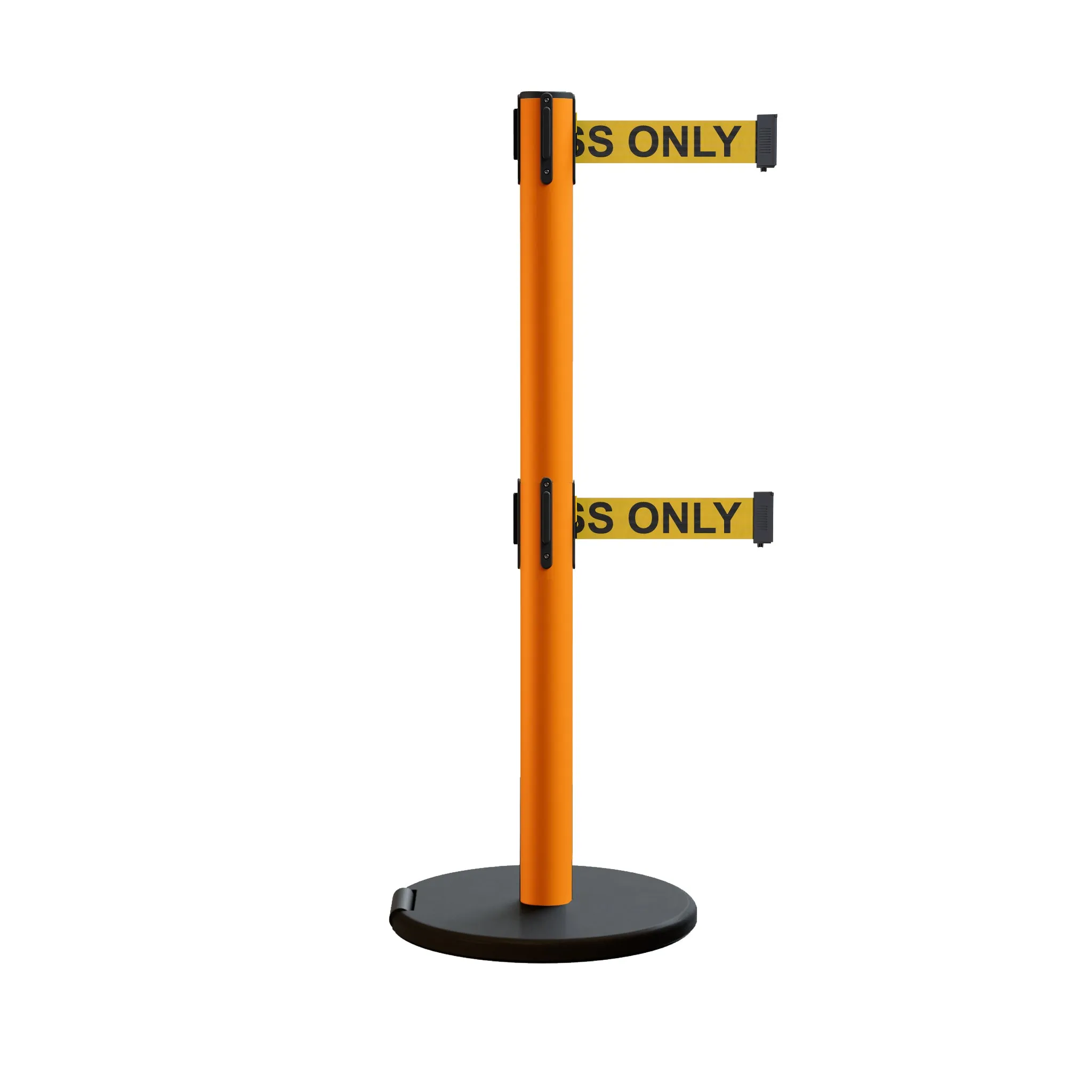 Retractable Belt Barrier Stanchion, Rolling Base, Orange Steel Post, 11 ft Dual Belt - Montour Line MSE630D