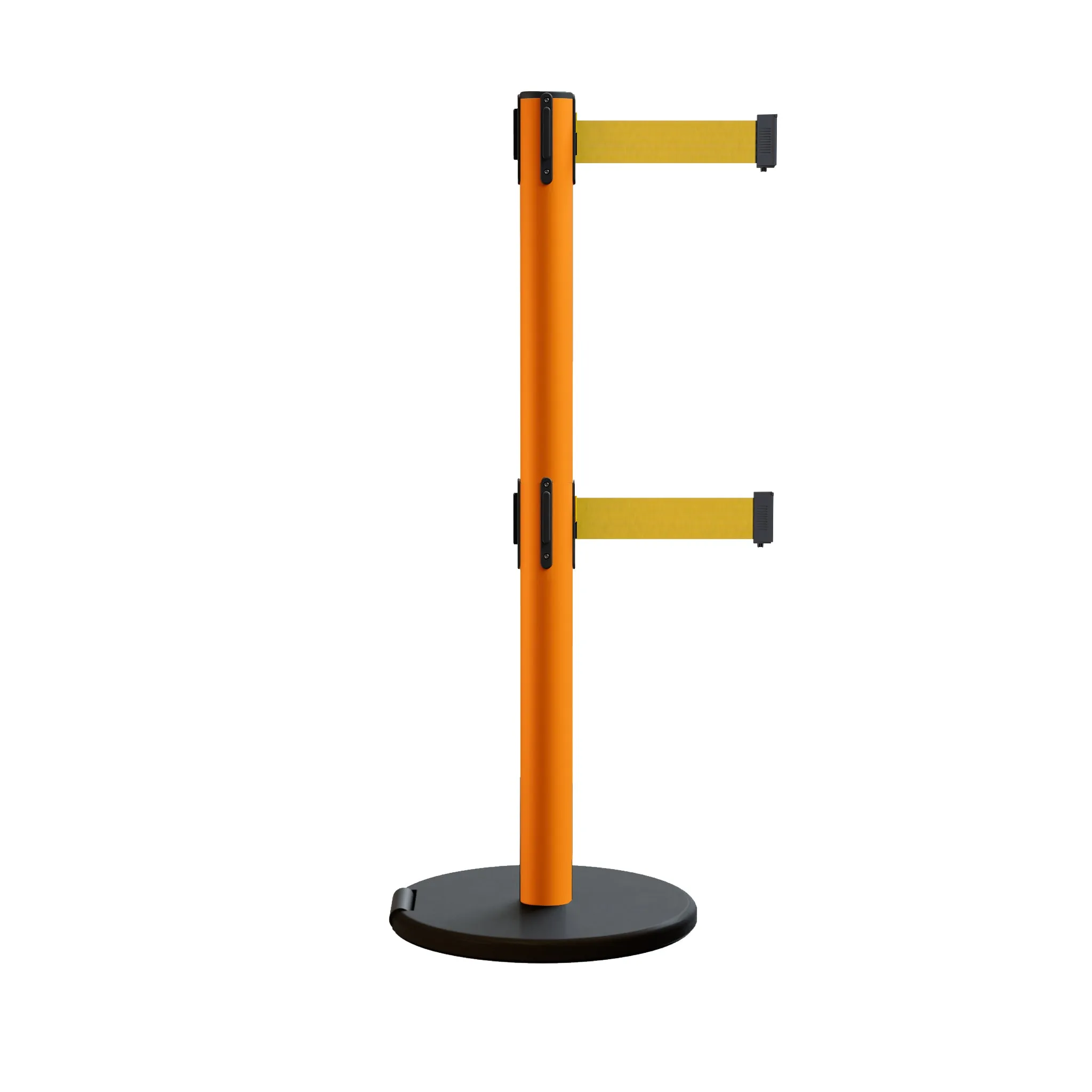 Retractable Belt Barrier Stanchion, Rolling Base, Orange Steel Post, 11 ft Dual Belt - Montour Line MSE630D