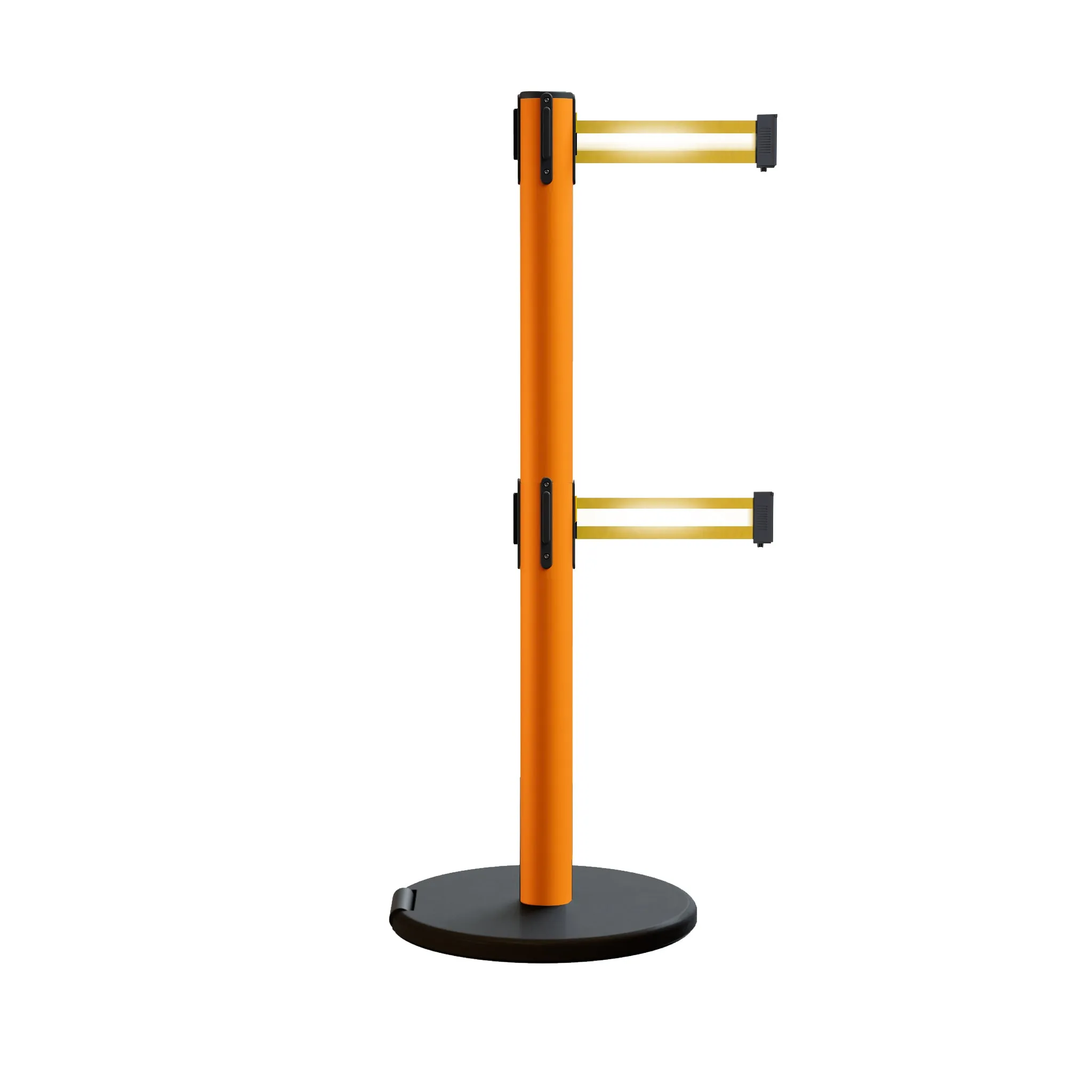 Retractable Belt Barrier Stanchion, Rolling Base, Orange Steel Post, 13 ft Dual Belt - Montour Line MSE630D