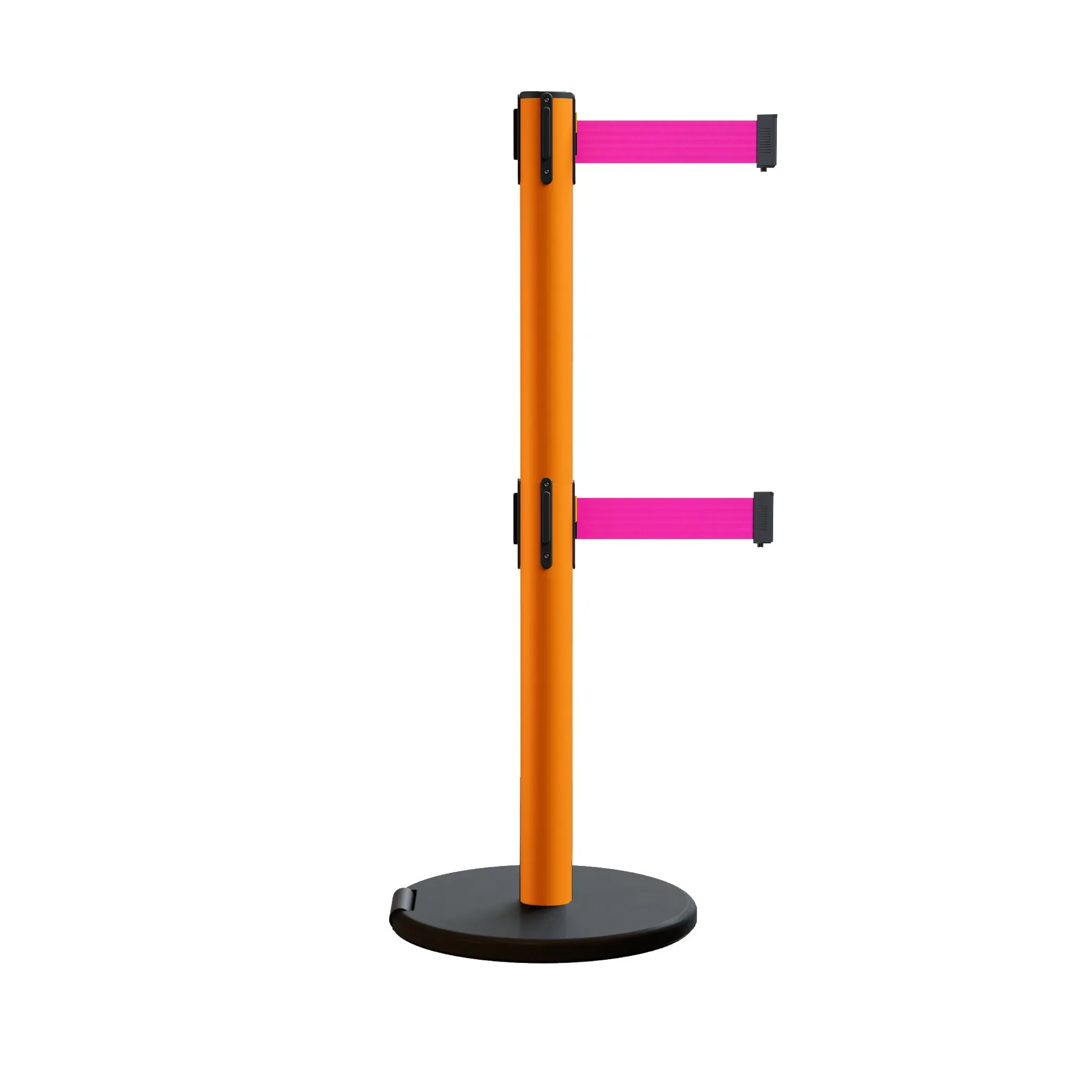 Retractable Belt Barrier Stanchion, Rolling Base, Orange Steel Post, 9 ft Dual Belt - Montour Line MSE630D