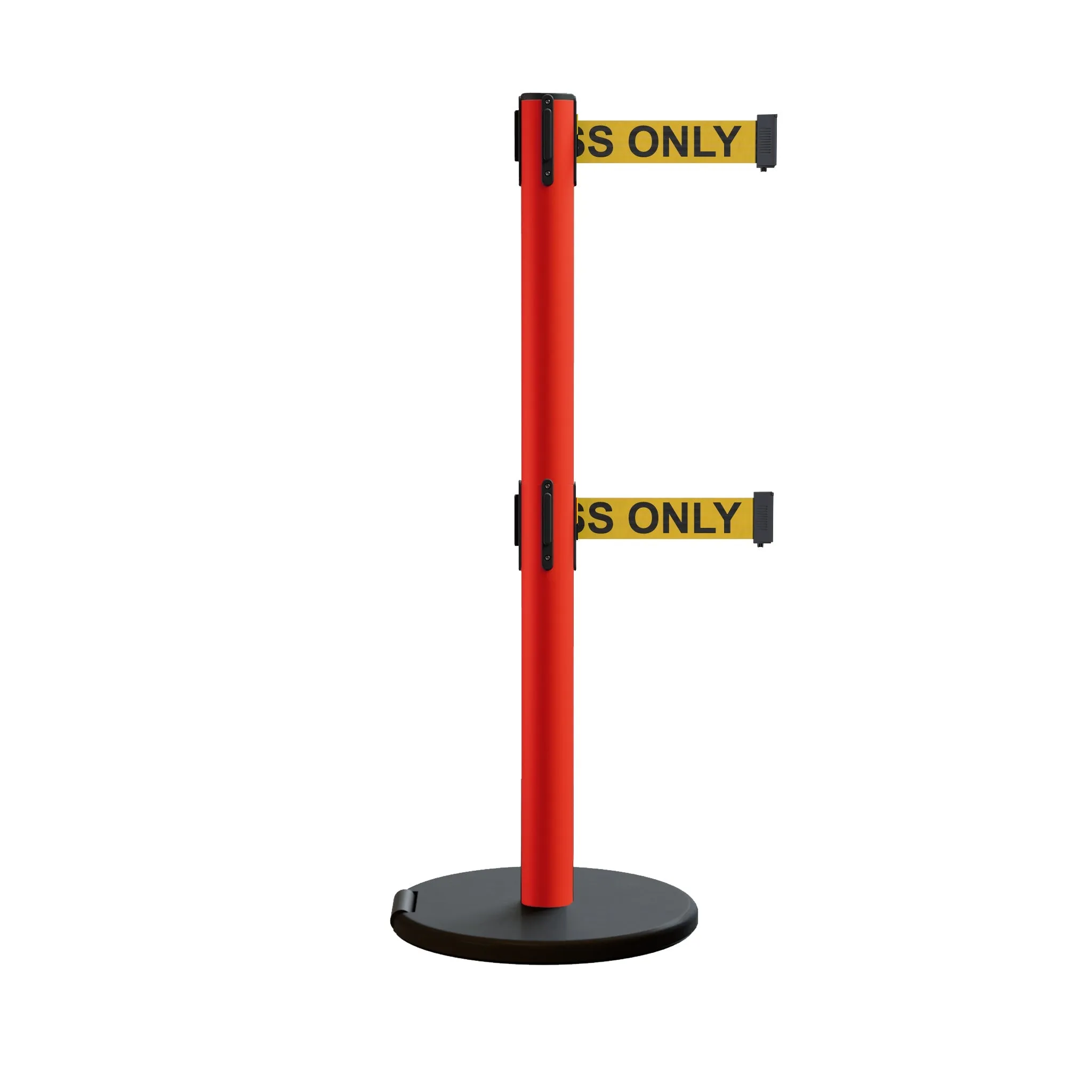 Retractable Belt Barrier Stanchion, Rolling Base, Red Steel Post, 13 ft Dual Belt - Montour Line MSE630D