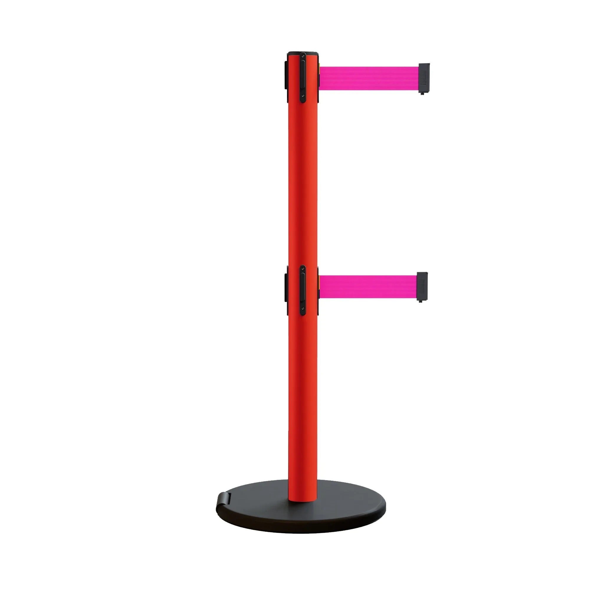 Retractable Belt Barrier Stanchion, Rolling Base, Red Steel Post, 9 ft Dual Belt - Montour Line MSE630D