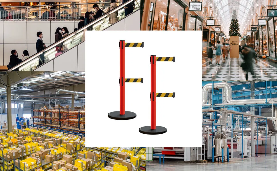 Retractable Belt Barrier Stanchion, Rolling Base, Red Steel Post, 9 ft Dual Belt - Montour Line MSE630D