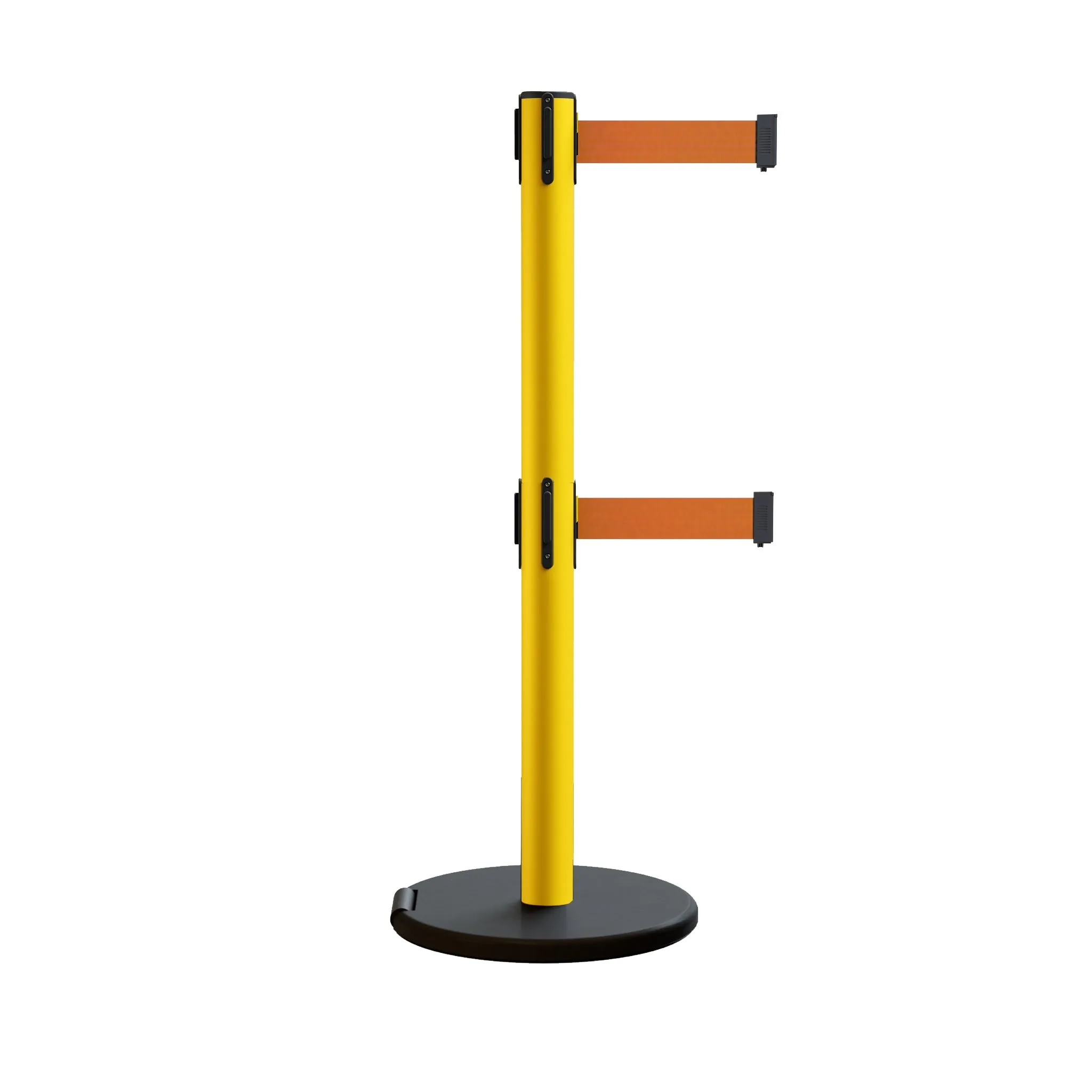 Retractable Belt Barrier Stanchion, Rolling Base, Yellow Steel Post, 13 ft Dual Belt - Montour Line MSE630D
