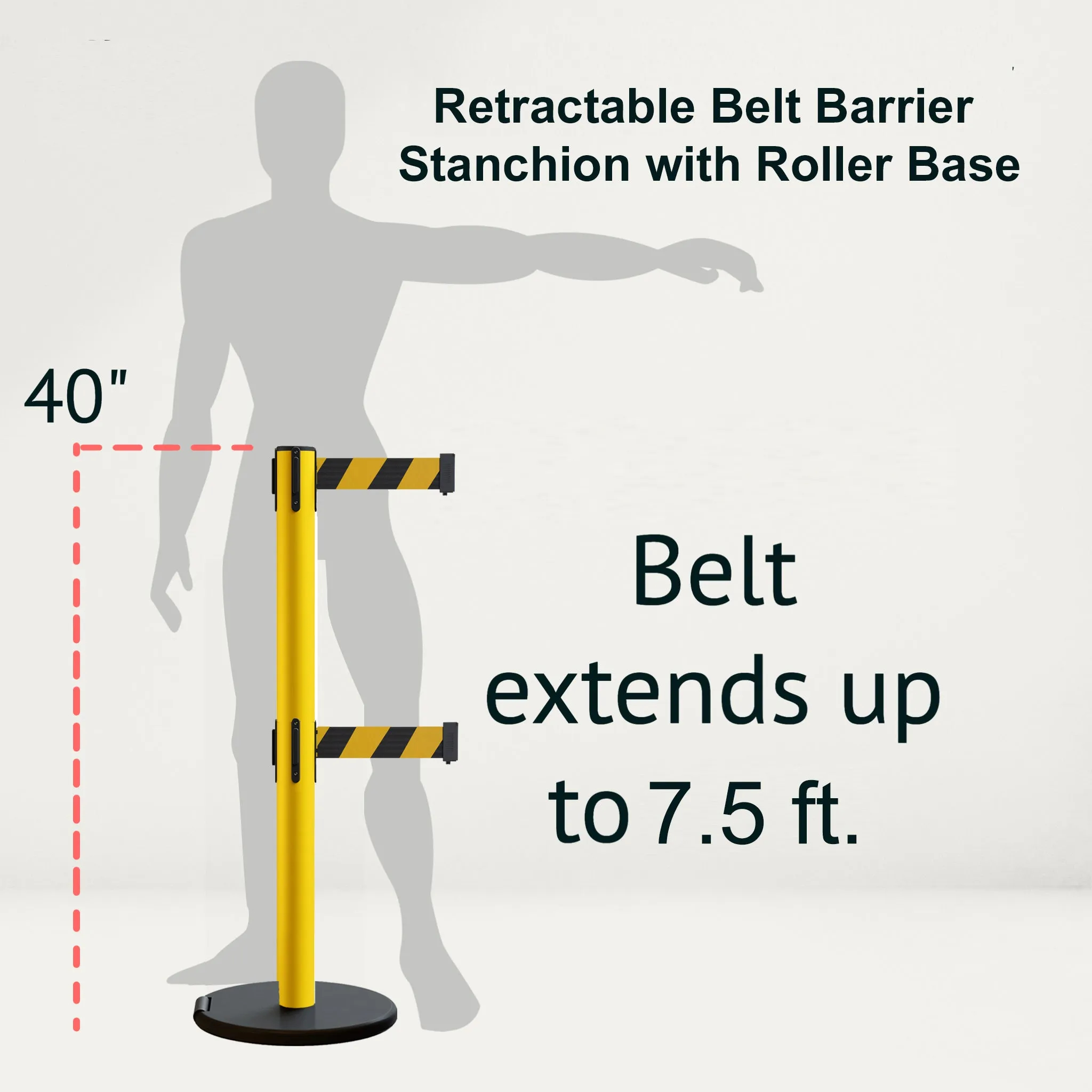 Retractable Belt Barrier Stanchion, Rolling Base, Yellow Steel Post, 7.5 ft Dual Belt - Montour Line MSE630D