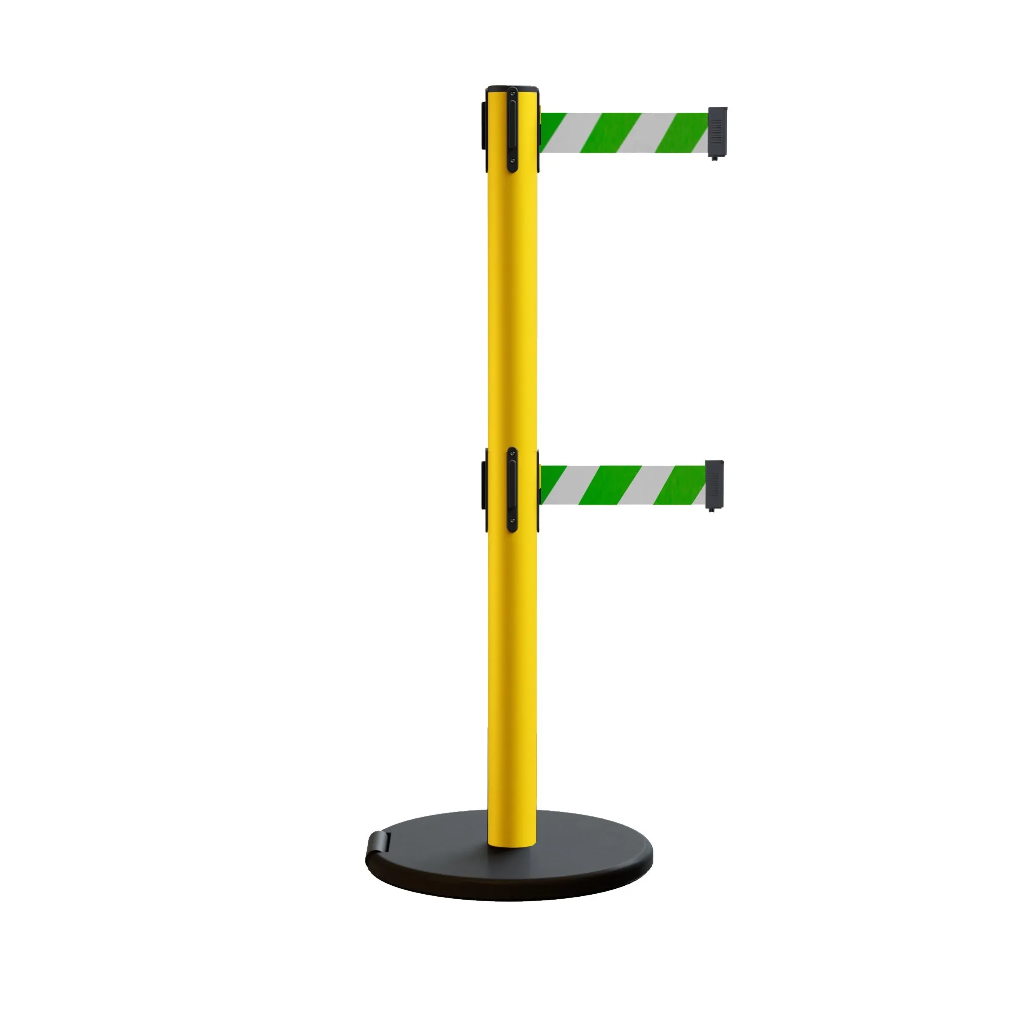 Retractable Belt Barrier Stanchion, Rolling Base, Yellow Steel Post, 9 ft Dual Belt - Montour Line MSE630D