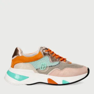 Scarpe Donna LIU JO Sneakers in Glossy Suede e Mesh Azzurro Arancione e Rosa